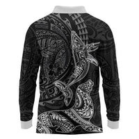 Hawaiian Monk Seal and Whale Long Sleeve Polo Shirt Kakau Tribal Pattern Grayscale LT03 - Polynesian Pride