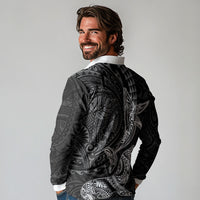 Hawaiian Monk Seal and Whale Long Sleeve Polo Shirt Kakau Tribal Pattern Grayscale LT03 - Polynesian Pride