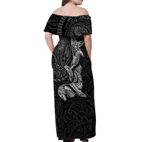 Hawaiian Monk Seal and Whale Off Shoulder Maxi Dress Kakau Tribal Pattern Grayscale LT03 - Polynesian Pride