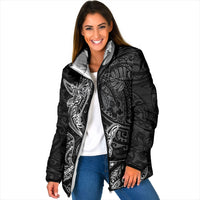 Hawaiian Monk Seal and Whale Padded Jacket Kakau Tribal Pattern Grayscale LT03 Women Black - Polynesian Pride