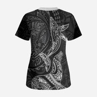 Hawaiian Monk Seal and Whale Scrub Top Kakau Tribal Pattern Grayscale LT03 - Polynesian Pride