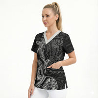 Hawaiian Monk Seal and Whale Scrub Top Kakau Tribal Pattern Grayscale LT03 - Polynesian Pride