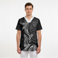 Hawaiian Monk Seal and Whale Scrub Top Kakau Tribal Pattern Grayscale LT03 - Polynesian Pride