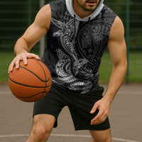 Hawaiian Monk Seal and Whale Sleeveless Hoodie Kakau Tribal Pattern Grayscale LT03 - Polynesian Pride
