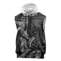 Hawaiian Monk Seal and Whale Sleeveless Zip Hoodie Kakau Tribal Pattern Grayscale LT03 Black - Polynesian Pride