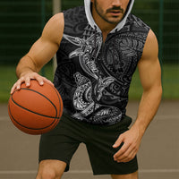 Hawaiian Monk Seal and Whale Sleeveless Zip Hoodie Kakau Tribal Pattern Grayscale LT03 - Polynesian Pride