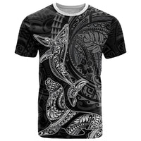 Hawaiian Monk Seal and Whale T Shirt Kakau Tribal Pattern Grayscale LT03 Black - Polynesian Pride