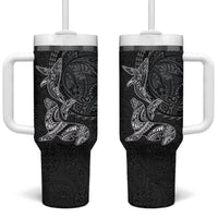 Hawaiian Monk Seal and Whale Tumbler With Handle Kakau Tribal Pattern Grayscale LT03 One Size: 40 oz Black - Polynesian Pride