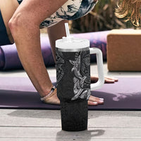 Hawaiian Monk Seal and Whale Tumbler With Handle Kakau Tribal Pattern Grayscale LT03 - Polynesian Pride