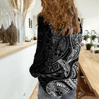 Hawaiian Monk Seal and Whale Women Casual Shirt Kakau Tribal Pattern Grayscale LT03 - Polynesian Pride