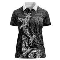 Hawaiian Monk Seal and Whale Women Polo Shirt Kakau Tribal Pattern Grayscale LT03 Female Black - Polynesian Pride