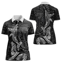 Hawaiian Monk Seal and Whale Women Polo Shirt Kakau Tribal Pattern Grayscale LT03 - Polynesian Pride