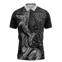 Hawaiian Monk Seal and Whale Zipper Polo Shirt Kakau Tribal Pattern Grayscale LT03 Black - Polynesian Pride