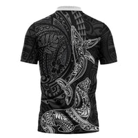 Hawaiian Monk Seal and Whale Zipper Polo Shirt Kakau Tribal Pattern Grayscale LT03 - Polynesian Pride