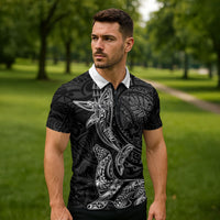 Hawaiian Monk Seal and Whale Zipper Polo Shirt Kakau Tribal Pattern Grayscale LT03 - Polynesian Pride