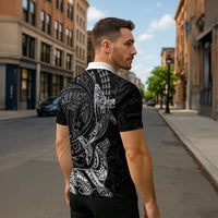 Hawaiian Monk Seal and Whale Zipper Polo Shirt Kakau Tribal Pattern Grayscale LT03 - Polynesian Pride