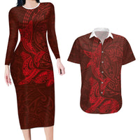 Hawaiian Monk Seal and Whale Couples Matching Long Sleeve Bodycon Dress and Hawaiian Shirt Kakau Tribal Pattern Red Color