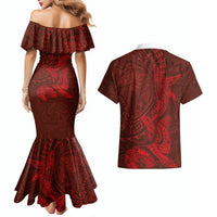Hawaiian Monk Seal and Whale Couples Matching Mermaid Dress and Hawaiian Shirt Kakau Tribal Pattern Red Color