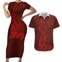 Hawaiian Monk Seal and Whale Couples Matching Short Sleeve Bodycon Dress and Hawaiian Shirt Kakau Tribal Pattern Red Color