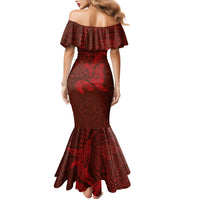 Hawaiian Monk Seal and Whale Family Matching Mermaid Dress and Hawaiian Shirt Kakau Tribal Pattern Red Color