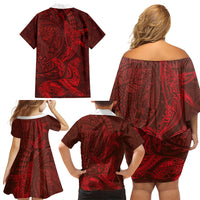 Hawaiian Monk Seal and Whale Family Matching Off Shoulder Short Dress and Hawaiian Shirt Kakau Tribal Pattern Red Color