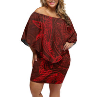 Hawaiian Monk Seal and Whale Family Matching Off Shoulder Short Dress and Hawaiian Shirt Kakau Tribal Pattern Red Color