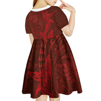 Hawaiian Monk Seal and Whale Kid Short Sleeve Dress Kakau Tribal Pattern Red Color LT03 - Polynesian Pride