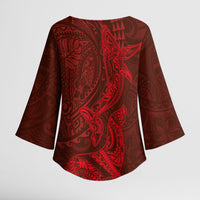 Hawaiian Monk Seal and Whale Kimono Sleeve Blouse Kakau Tribal Pattern Red Color LT03 - Polynesian Pride