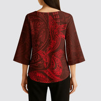 Hawaiian Monk Seal and Whale Kimono Sleeve Blouse Kakau Tribal Pattern Red Color LT03 - Polynesian Pride
