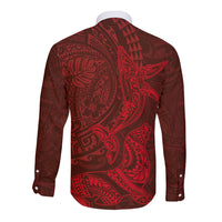 Hawaiian Monk Seal and Whale Long Sleeve Button Shirt Kakau Tribal Pattern Red Color LT03 - Polynesian Pride
