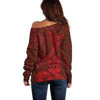 Hawaiian Monk Seal and Whale Off Shoulder Sweater Kakau Tribal Pattern Red Color LT03 - Polynesian Pride