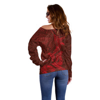 Hawaiian Monk Seal and Whale Off Shoulder Sweater Kakau Tribal Pattern Red Color LT03 - Polynesian Pride