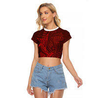 Hawaiian Monk Seal and Whale Raglan Cropped T Shirt Kakau Tribal Pattern Red Color LT03 Female Red - Polynesian Pride