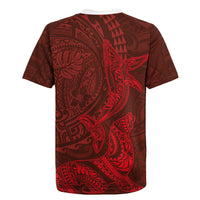 Hawaiian Monk Seal and Whale Rugby Jersey Kakau Tribal Pattern Red Color LT03 - Polynesian Pride