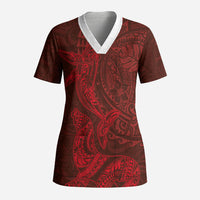 Hawaiian Monk Seal and Whale Scrub Top Kakau Tribal Pattern Red Color LT03 Adult Red - Polynesian Pride