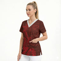 Hawaiian Monk Seal and Whale Scrub Top Kakau Tribal Pattern Red Color LT03 - Polynesian Pride