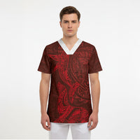 Hawaiian Monk Seal and Whale Scrub Top Kakau Tribal Pattern Red Color LT03 - Polynesian Pride