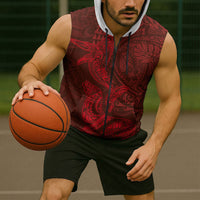 Hawaiian Monk Seal and Whale Sleeveless Zip Hoodie Kakau Tribal Pattern Red Color LT03 - Polynesian Pride
