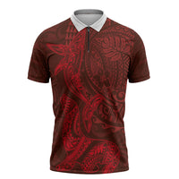 Hawaiian Monk Seal and Whale Zipper Polo Shirt Kakau Tribal Pattern Red Color LT03 Red - Polynesian Pride