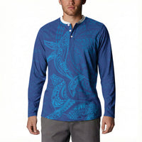 Hawaiian Monk Seal and Whale Button Sweatshirt Kakau Tribal Pattern Blue Color LT03 - Polynesian Pride