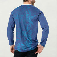Hawaiian Monk Seal and Whale Button Sweatshirt Kakau Tribal Pattern Blue Color LT03 - Polynesian Pride