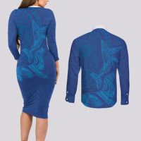 Hawaiian Monk Seal and Whale Couples Matching Long Sleeve Bodycon Dress and Long Sleeve Button Shirt Kakau Tribal Pattern Blue Color