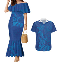 Hawaiian Monk Seal and Whale Couples Matching Mermaid Dress and Hawaiian Shirt Kakau Tribal Pattern Blue Color