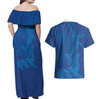 Hawaiian Monk Seal and Whale Couples Matching Off Shoulder Maxi Dress and Hawaiian Shirt Kakau Tribal Pattern Blue Color