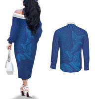 Hawaiian Monk Seal and Whale Couples Matching Off The Shoulder Long Sleeve Dress and Long Sleeve Button Shirt Kakau Tribal Pattern Blue Color