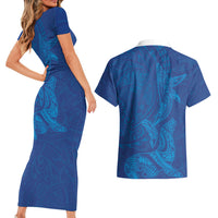 Hawaiian Monk Seal and Whale Couples Matching Short Sleeve Bodycon Dress and Hawaiian Shirt Kakau Tribal Pattern Blue Color