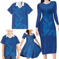 Hawaiian Monk Seal and Whale Family Matching Long Sleeve Bodycon Dress and Hawaiian Shirt Kakau Tribal Pattern Blue Color