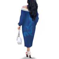 Hawaiian Monk Seal and Whale Family Matching Off The Shoulder Long Sleeve Dress and Hawaiian Shirt Kakau Tribal Pattern Blue Color
