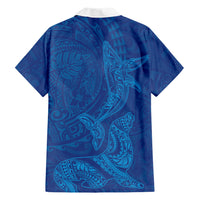 Hawaiian Monk Seal and Whale Family Matching Off Shoulder Maxi Dress and Hawaiian Shirt Kakau Tribal Pattern Blue Color