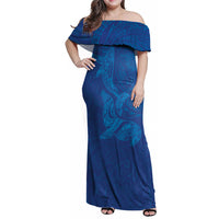 Hawaiian Monk Seal and Whale Family Matching Off Shoulder Maxi Dress and Hawaiian Shirt Kakau Tribal Pattern Blue Color